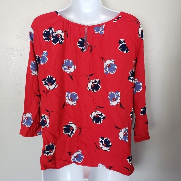 Banana Republic Medium Red Quarter Sleeve Blouse Blue & White Floral Top Keyhole - Picture 8 of 8